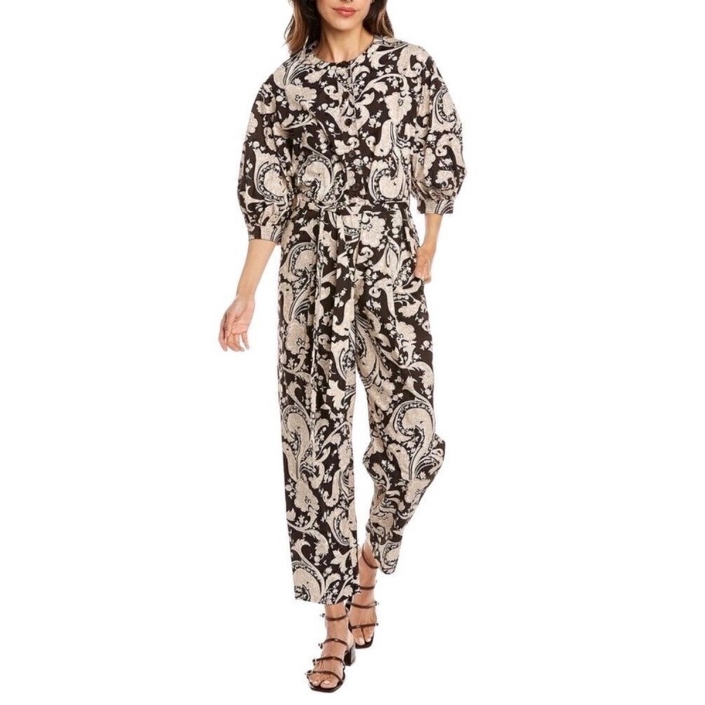 Rebecca Taylor Women Brown Cream Paisley Cotton Belted Puff Sleeve Jumpsuit‎ S